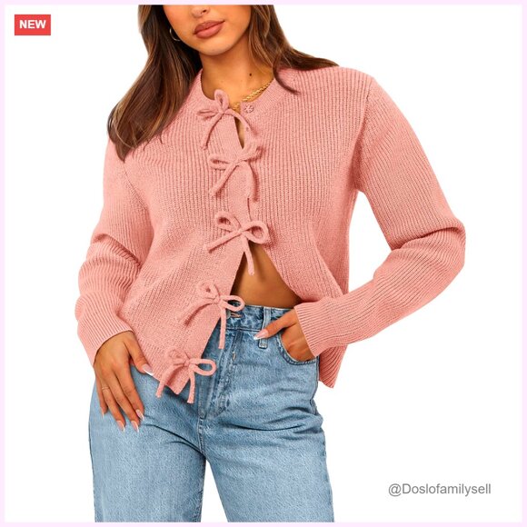 Bow Cropped Cardigan Sweater Women's Long Sleeve Open Front Ribbed Knit